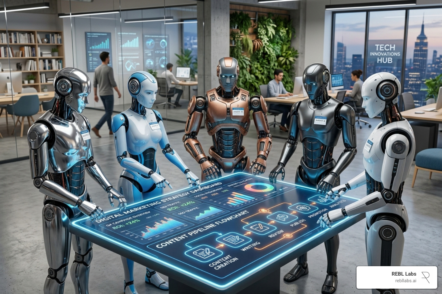AI agents collaborating on a digital marketing strategy and content pipeline - AI content creation platform