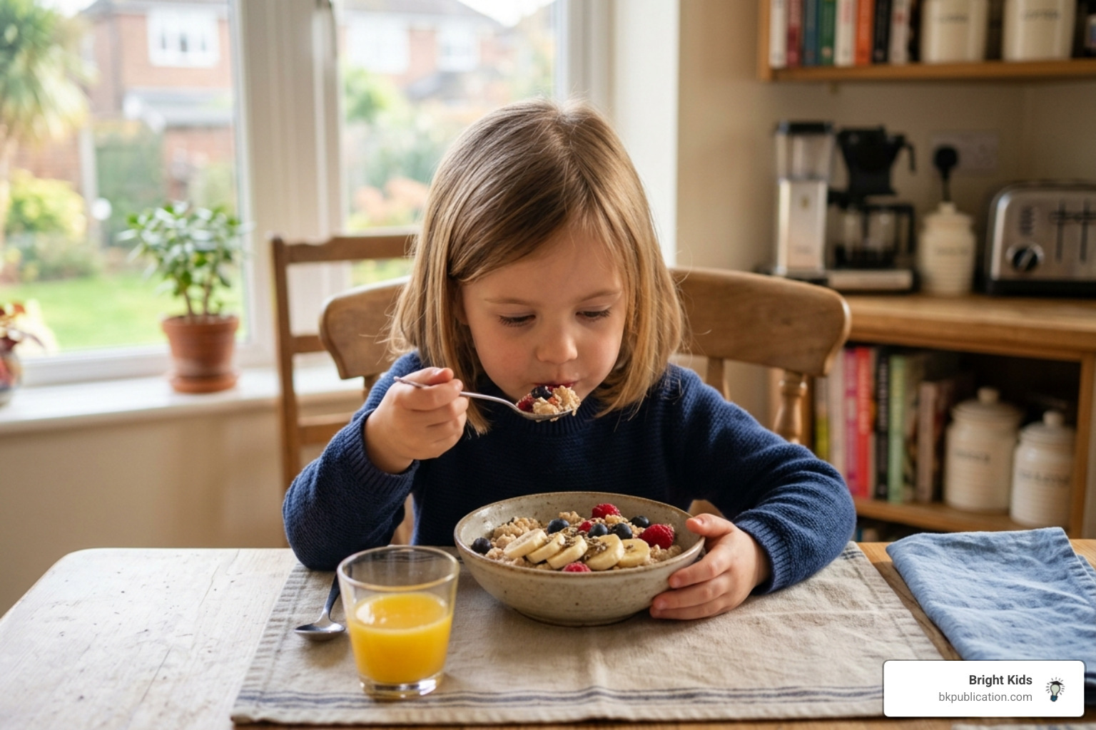 A child eating a healthy breakfast of oatmeal and fruit before a big day - stanford binet intelligence prep A child eating a healthy breakfast of oatmeal and fruit before a big day - stanford binet intelligence prep