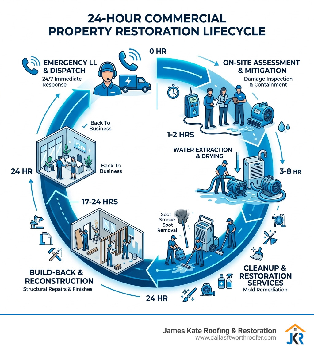 Infographic showing the 24-hour commercial property solar lifecycle from emergency call to build-back - commercial Infographic showing the 24-hour commercial property solar lifecycle from emergency call to build-back - commercial