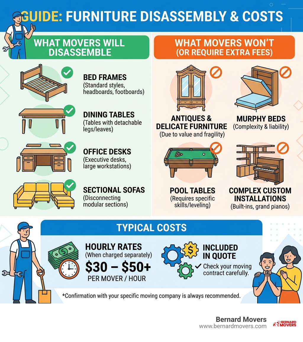 infographic showing what furniture movers will and won't disassemble, plus typical costs - do movers take apart furniture
