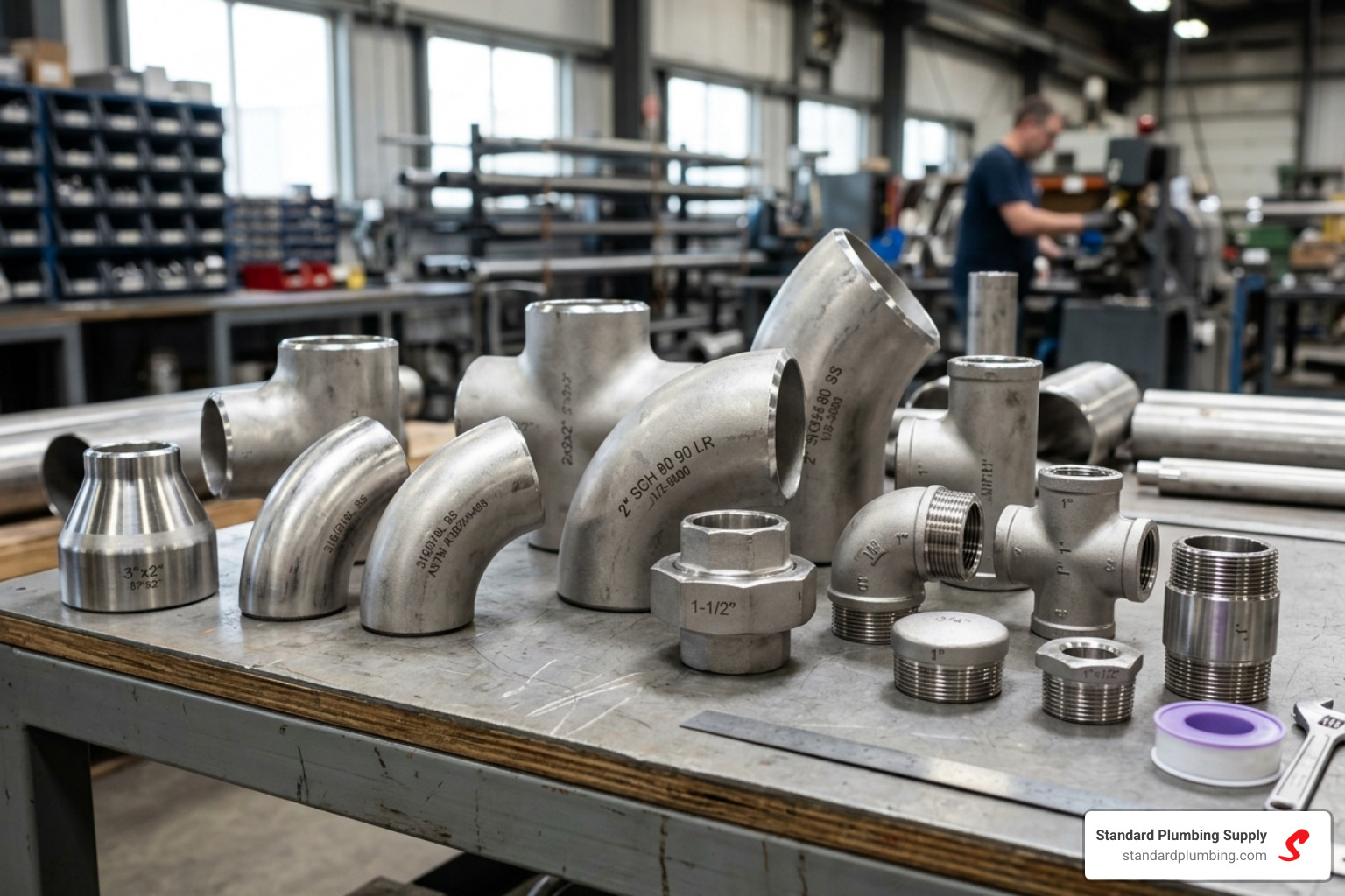 A collection of 316 stainless steel buttweld and threaded fittings including elbows, tees, and reducers - 316 pipe fittings