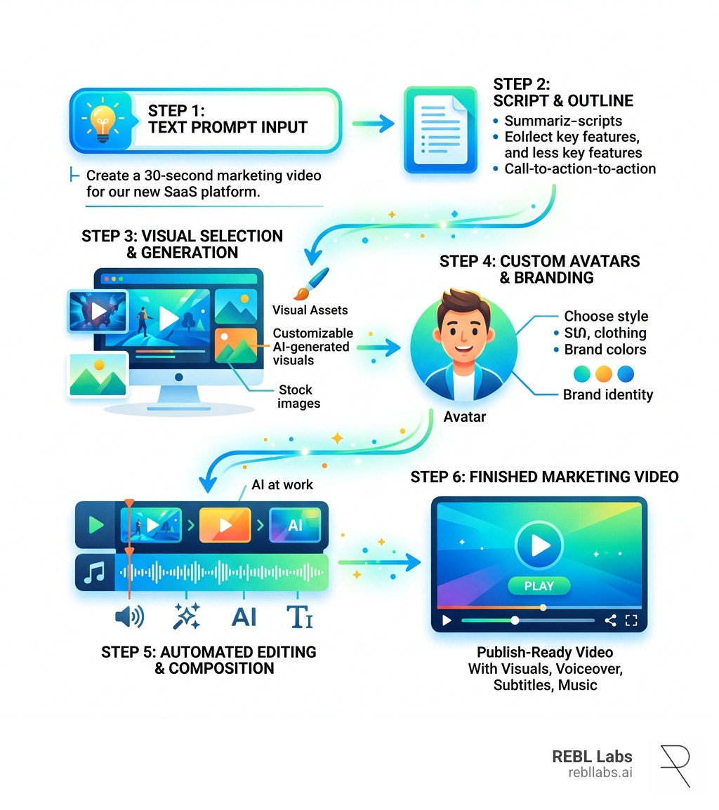 Text-to-video process: prompt input to finished marketing video output infographic - ai marketing video generator