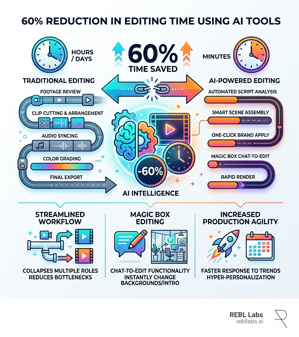 Infographic showing 60% reduction in editing time using AI tools - ai marketing video generator infographic 