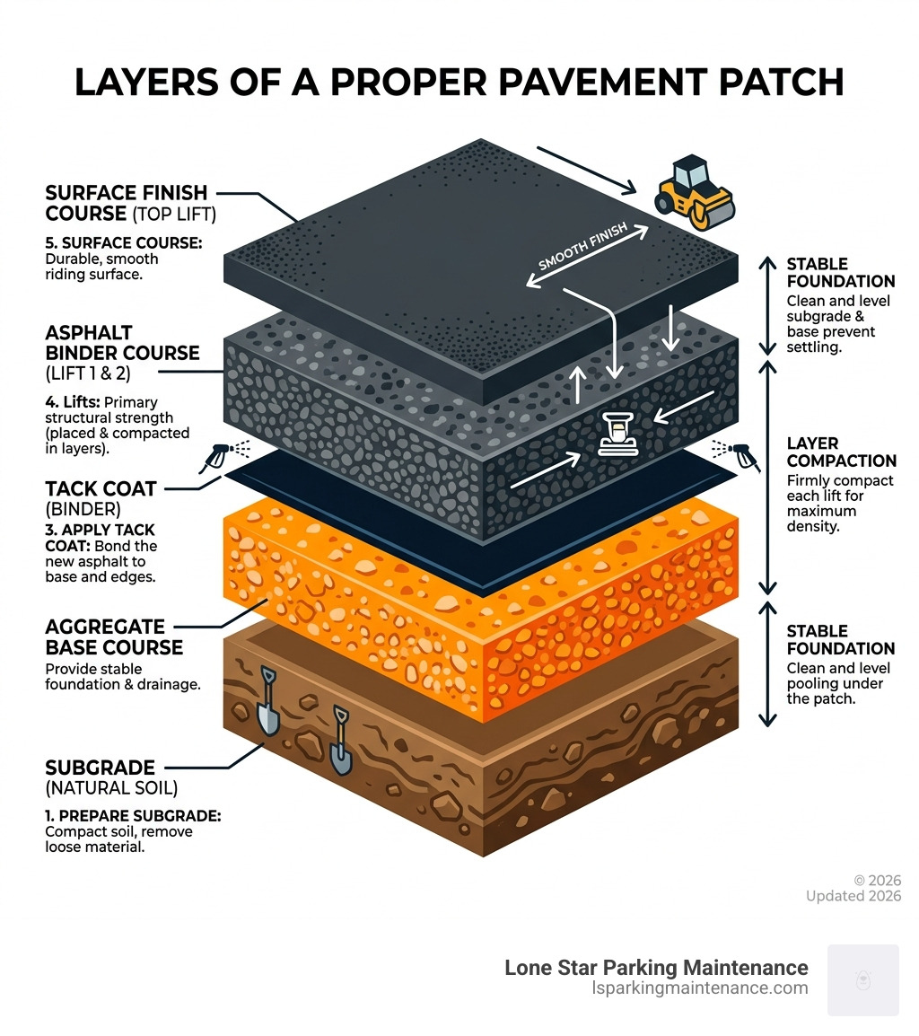 Diagram showing the layers of a proper pavement patch from subgrade to surface finish - pavement patch repair infographic Diagram showing the layers of a proper pavement patch from subgrade to surface finish - pavement patch repair infographic