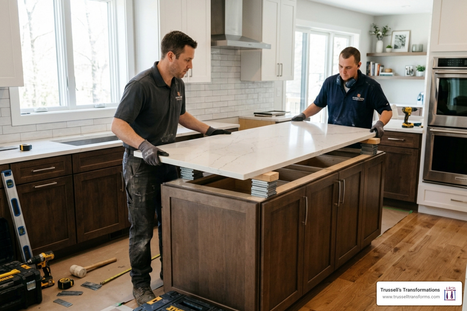 Professional Installers Dry-Fitting A Heavy Quartz Slab Onto Kitchen Base Cabinets - Caesarstone Countertop Installation Professional Installers Dry-Fitting A Heavy Quartz Slab Onto Kitchen Base Cabinets - Caesarstone Countertop Installation