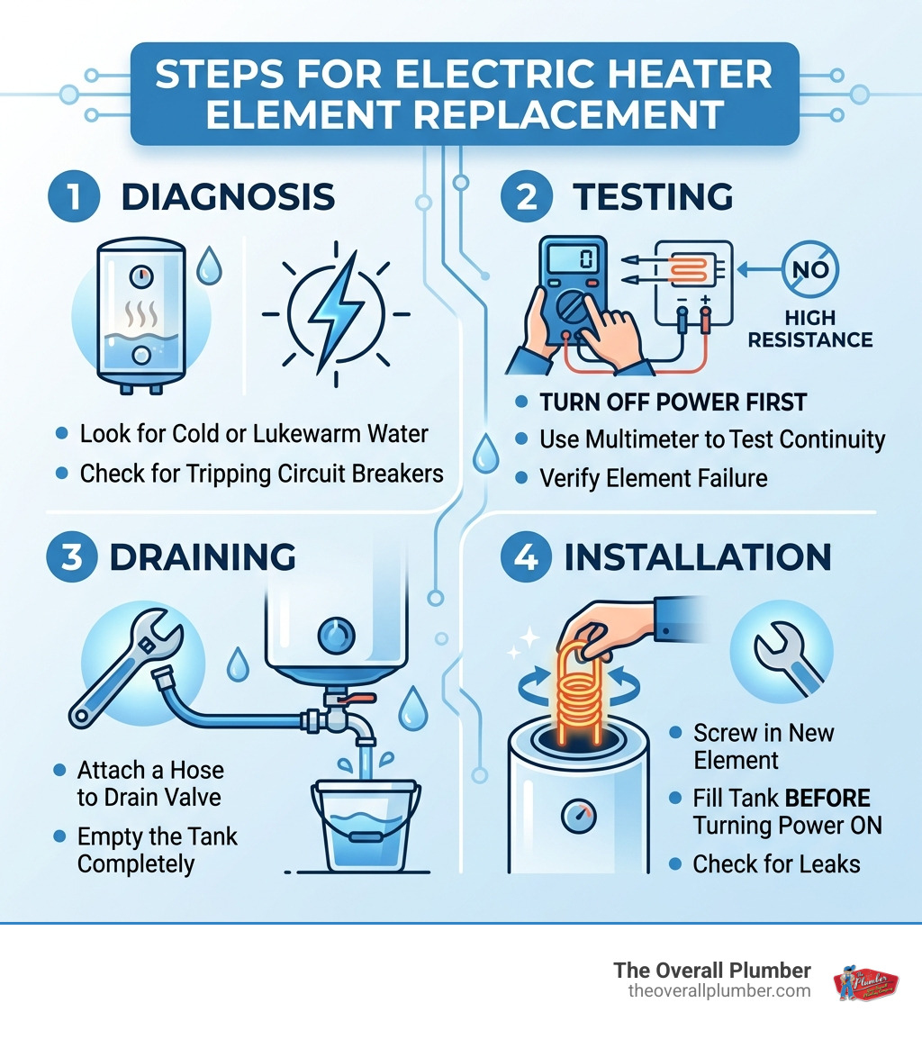 Steps for electric heater element replacement including diagnosis, testing, draining, and installation - electric heater Steps for electric heater element replacement including diagnosis, testing, draining, and installation - electric heater