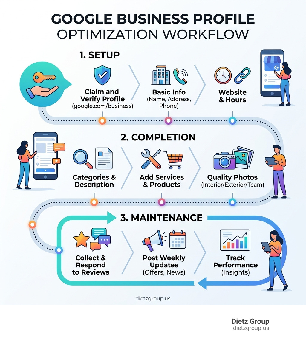 Infographic showing the Google Business Profile optimization workflow from setup to ongoing maintenance - google business
