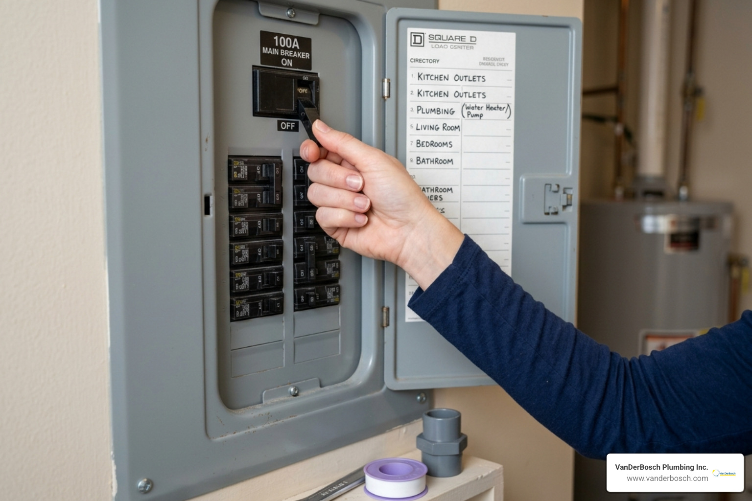 A homeowner safely turning off the circuit breaker before starting a plumbing repair - clogged garbage disposal fix A homeowner safely turning off the circuit breaker before starting a plumbing repair - clogged garbage disposal fix