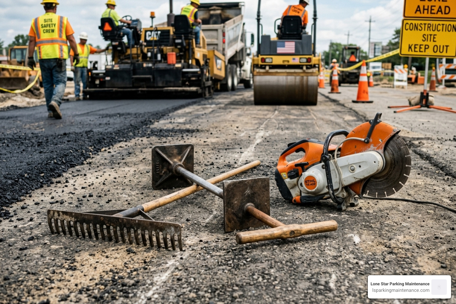 Essential paving tools including a hand tamper, asphalt rake, and masonry saw - pavement patch repair Essential paving tools including a hand tamper, asphalt rake, and masonry saw - pavement patch repair