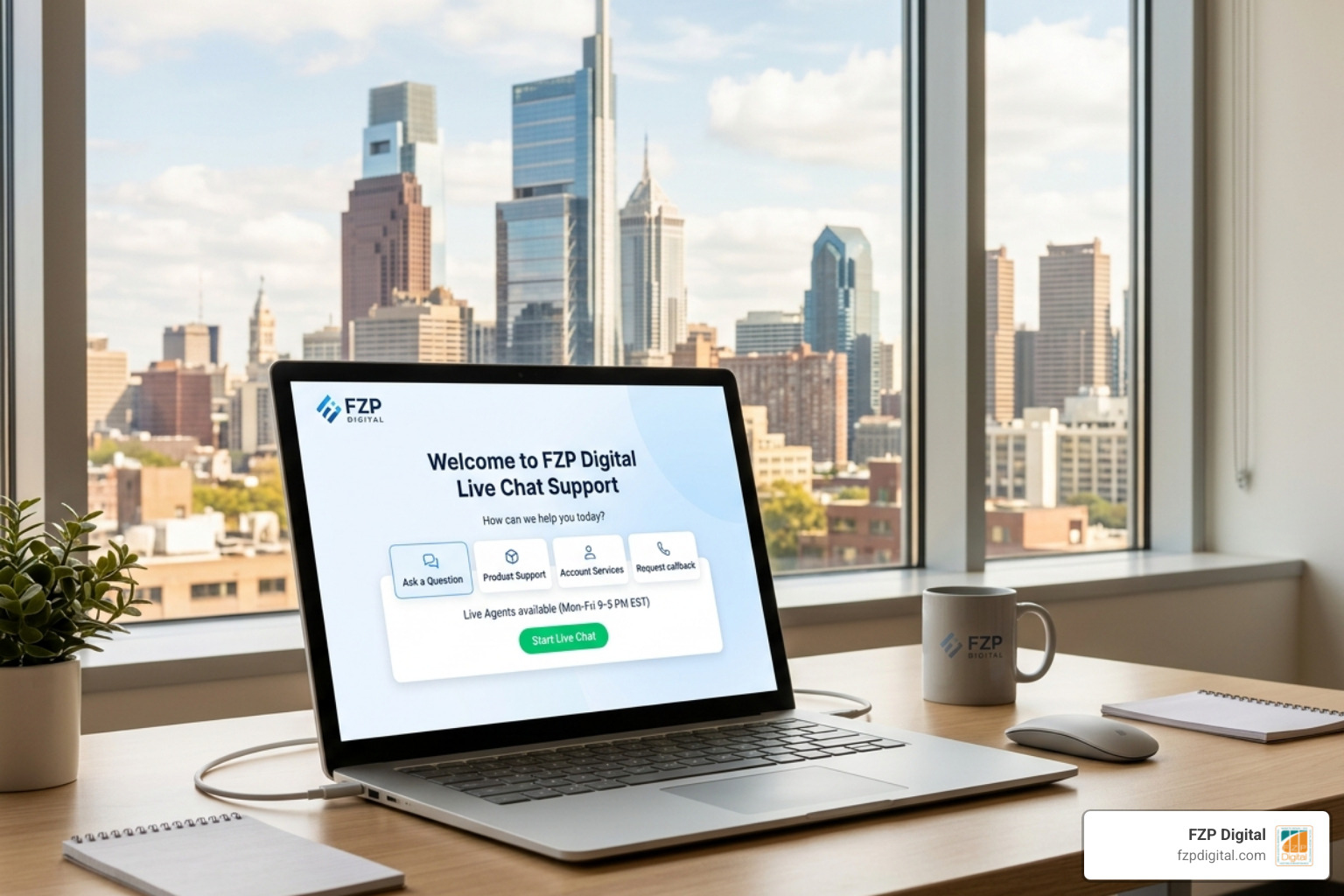 FZP Digital logo and guide to modern live chat customer service with Philadelphia skyline - live chat customer service