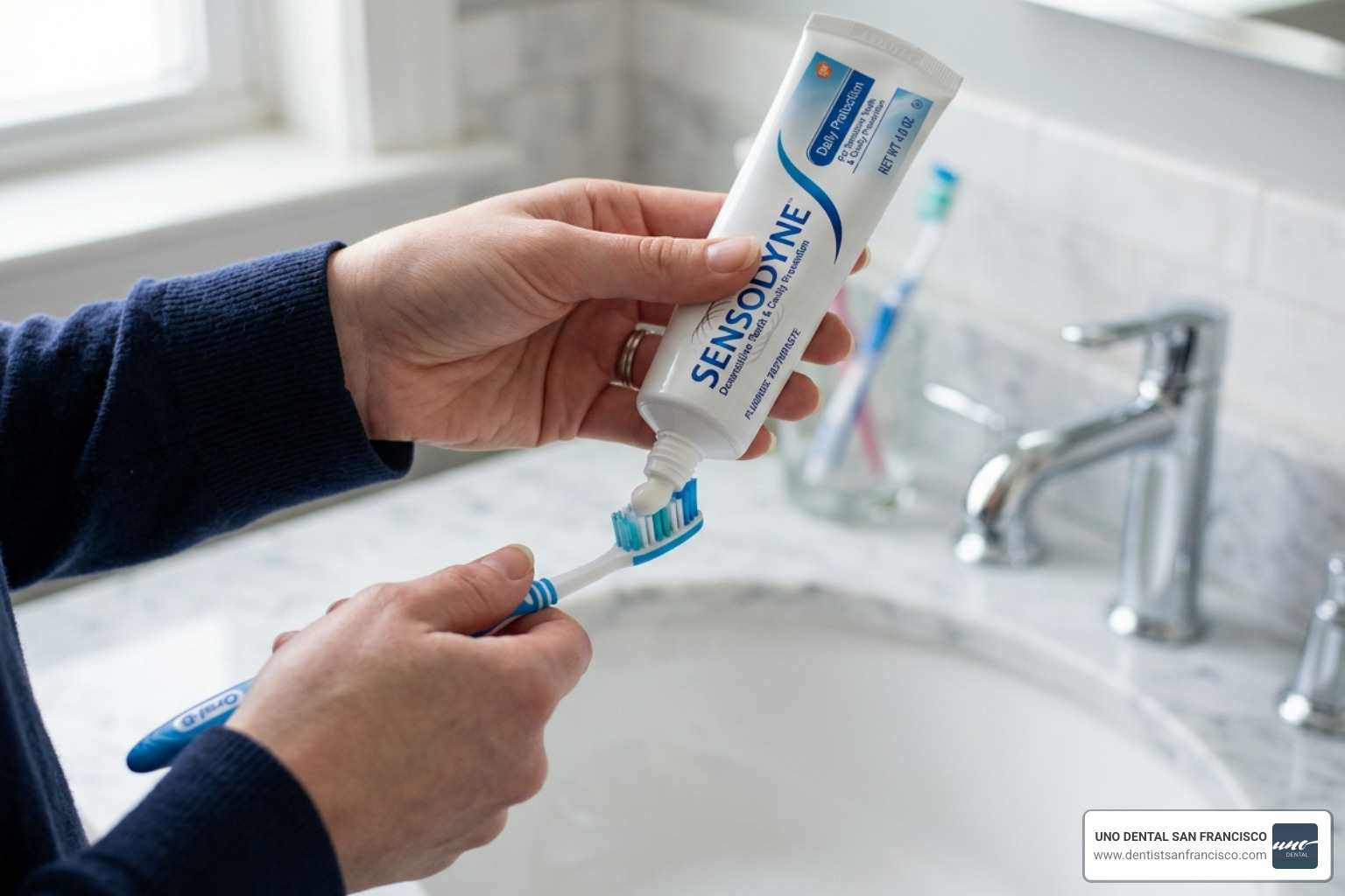 person using desensitizing toothpaste to manage tooth sensitivity - dental whitening tray instructions person using desensitizing toothpaste to manage tooth sensitivity - dental whitening tray instructions