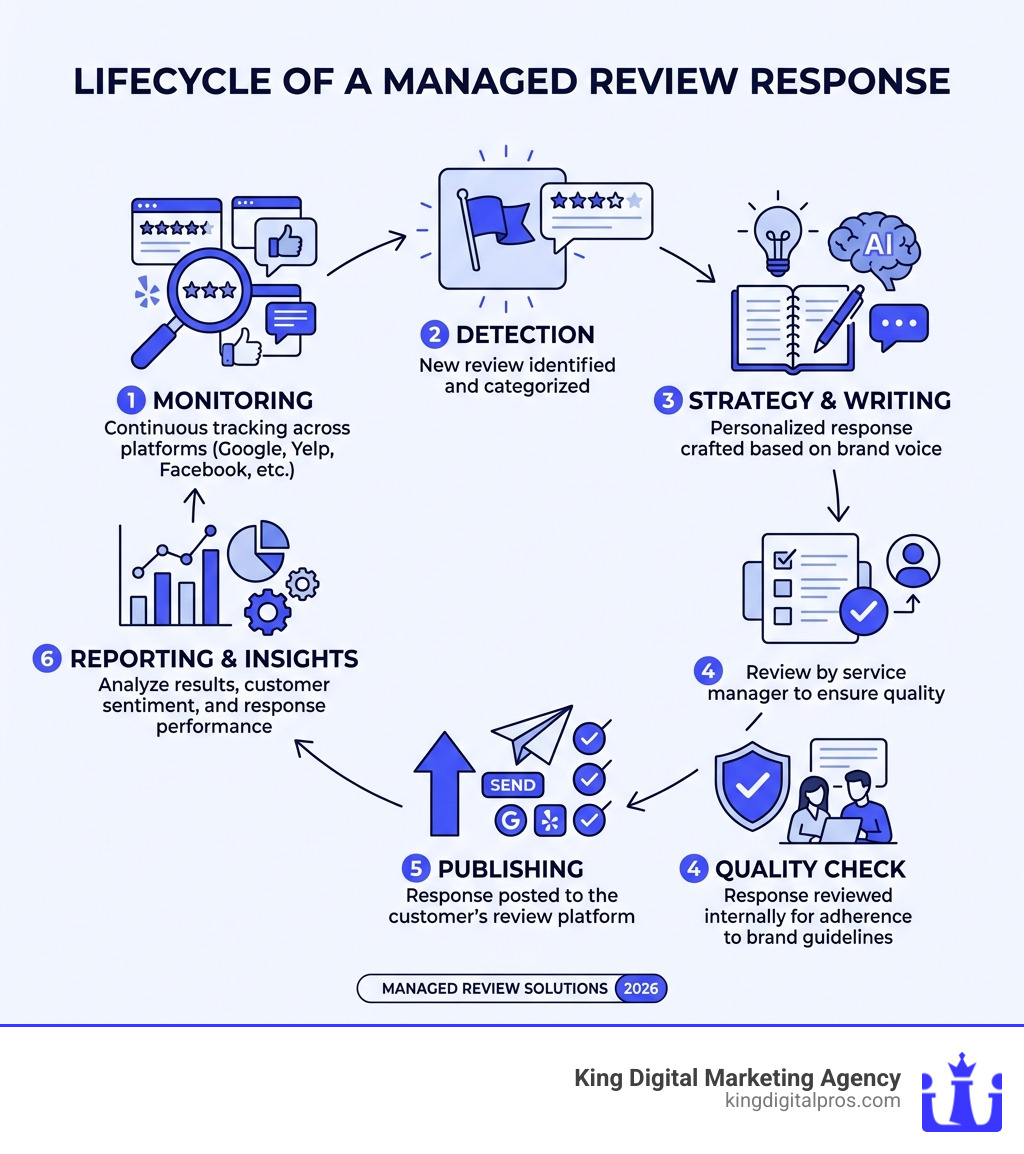 Infographic showing the lifecycle of a managed review response from monitoring to publishing - review response managed Infographic Showing The Lifecycle Of A Managed Review Response From Monitoring To Publishing - Review Response Managed