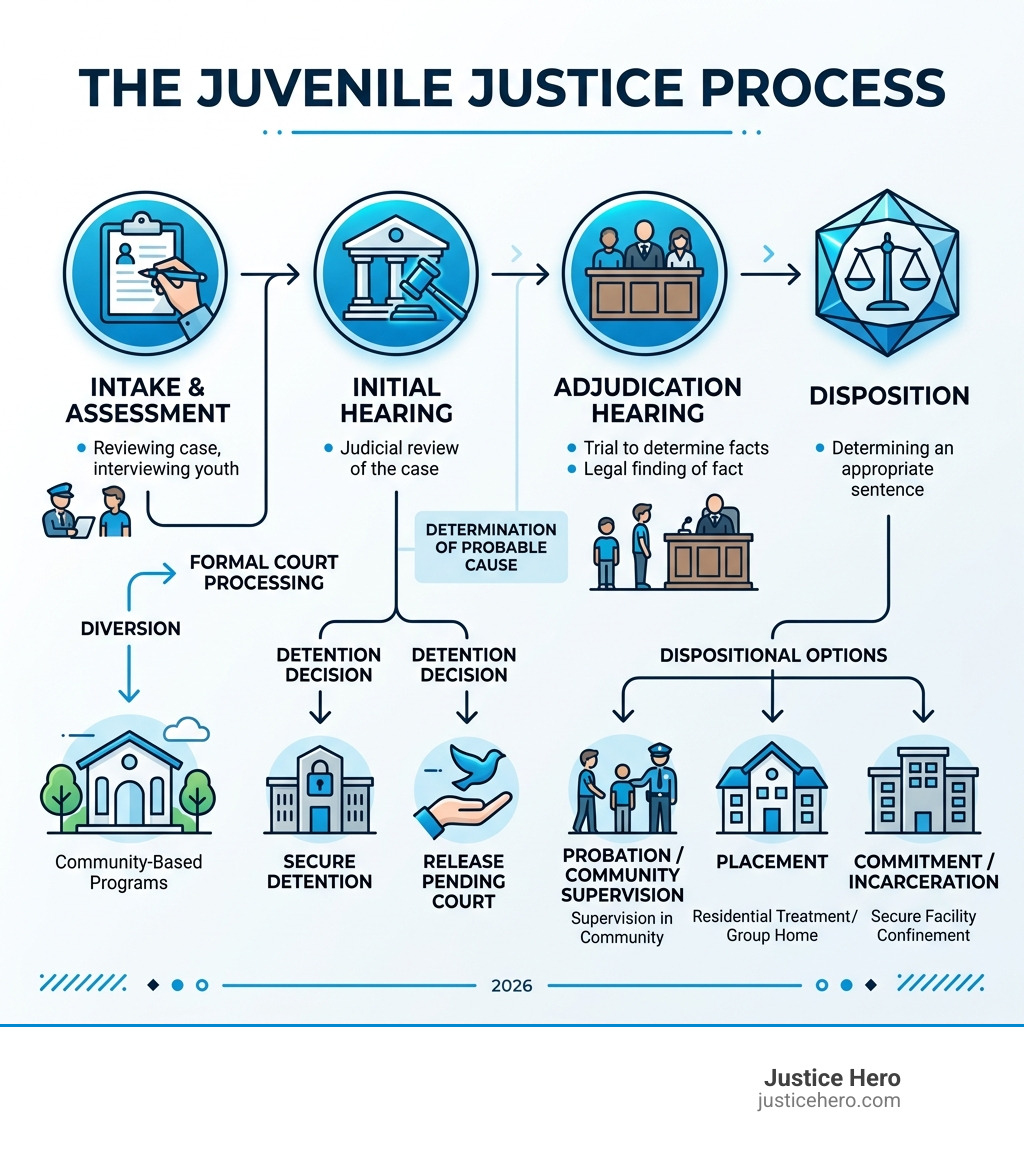 Infographic showing stages of the juvenile justice process from intake to disposition - juvie jail infographic 