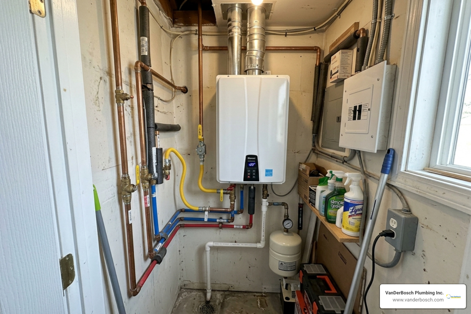 Compact tankless unit installed in a small utility closet - tankless water heaters