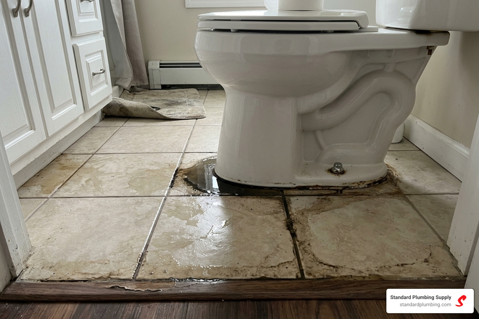 A leaking toilet base showing signs of water damage - toilet bowl tank repair kit