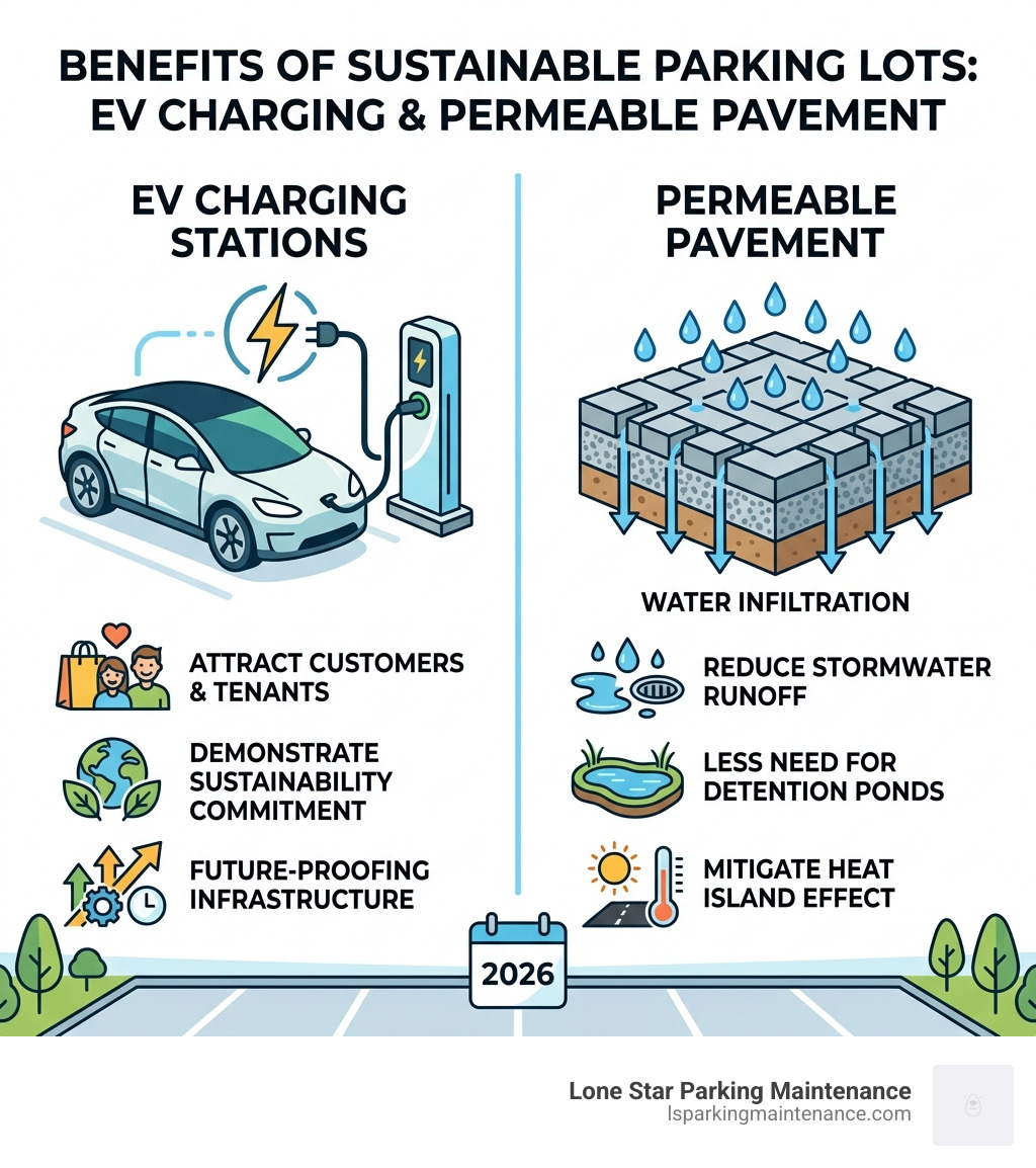 Infographic showing EV charging station and permeable pavement benefits - commercial parking lot design infographic Infographic showing EV charging station and permeable pavement benefits - commercial parking lot design infographic