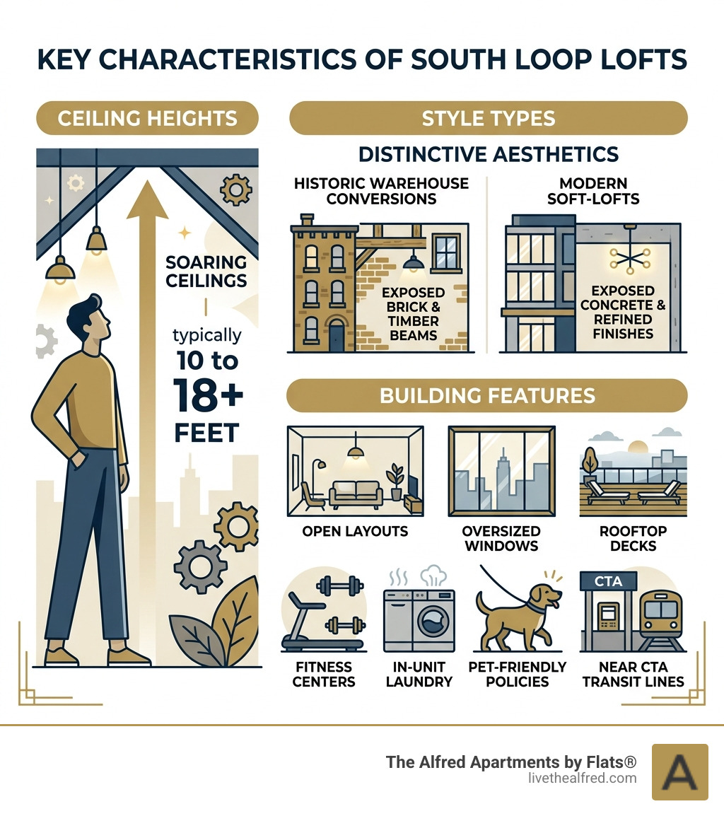 Key characteristics of South Loop lofts including ceiling height, style types, and building features - south loop lofts for