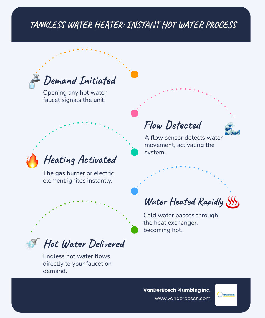 Infographic showing step-by-step tankless water heater heating process from flow sensor to faucet - tankless water heaters