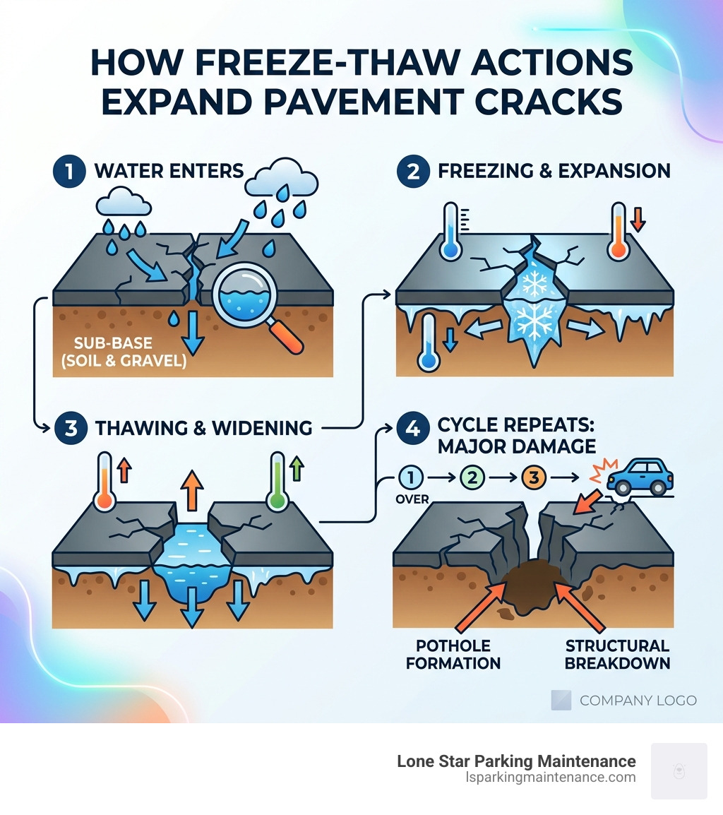 Freeze-thaw cycle and pavement crack expansion infographic - driveway crack filling infographic Freeze-thaw cycle and pavement crack expansion infographic - driveway crack filling infographic