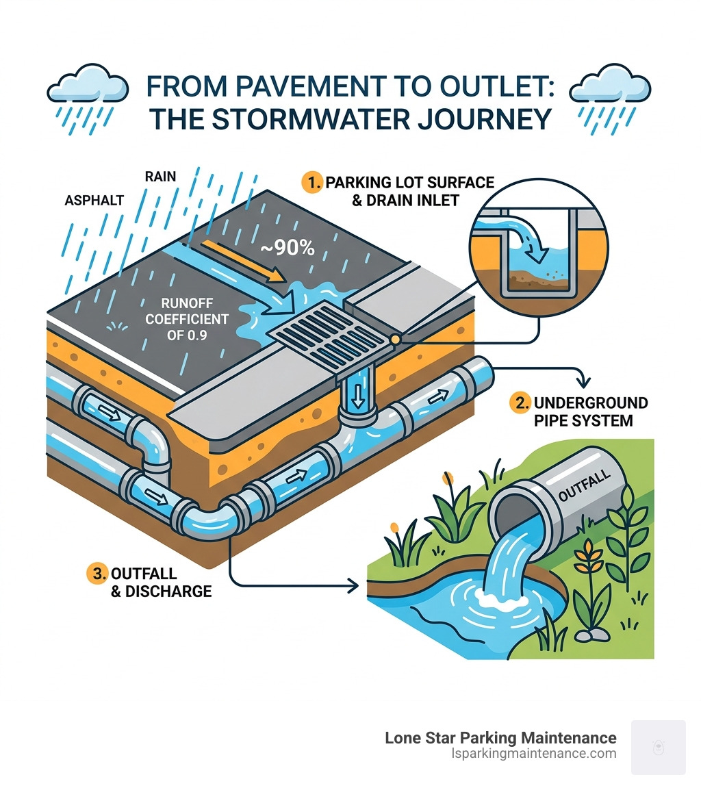 How stormwater travels from parking lot surface through drain to outfall — infographic - parking lot storm drain infographic How stormwater travels from parking lot surface through drain to outfall — infographic - parking lot storm drain infographic