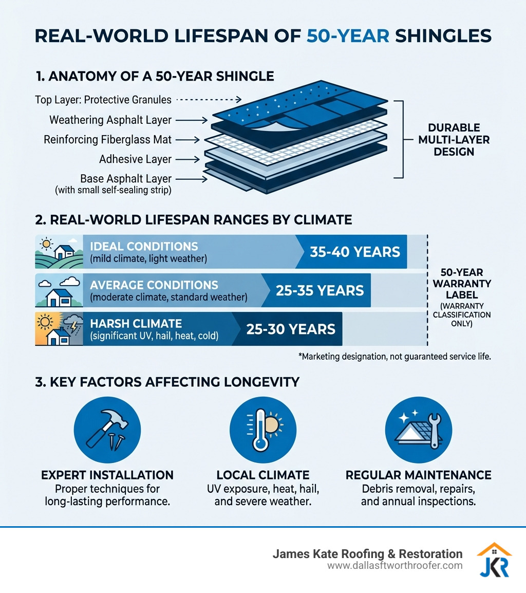 Infographic showing 50-year shingle layers, real-world lifespan ranges by climate, and key factors affecting longevity - how Infographic showing 50-year shingle layers, real-world lifespan ranges by climate, and key factors affecting longevity - how