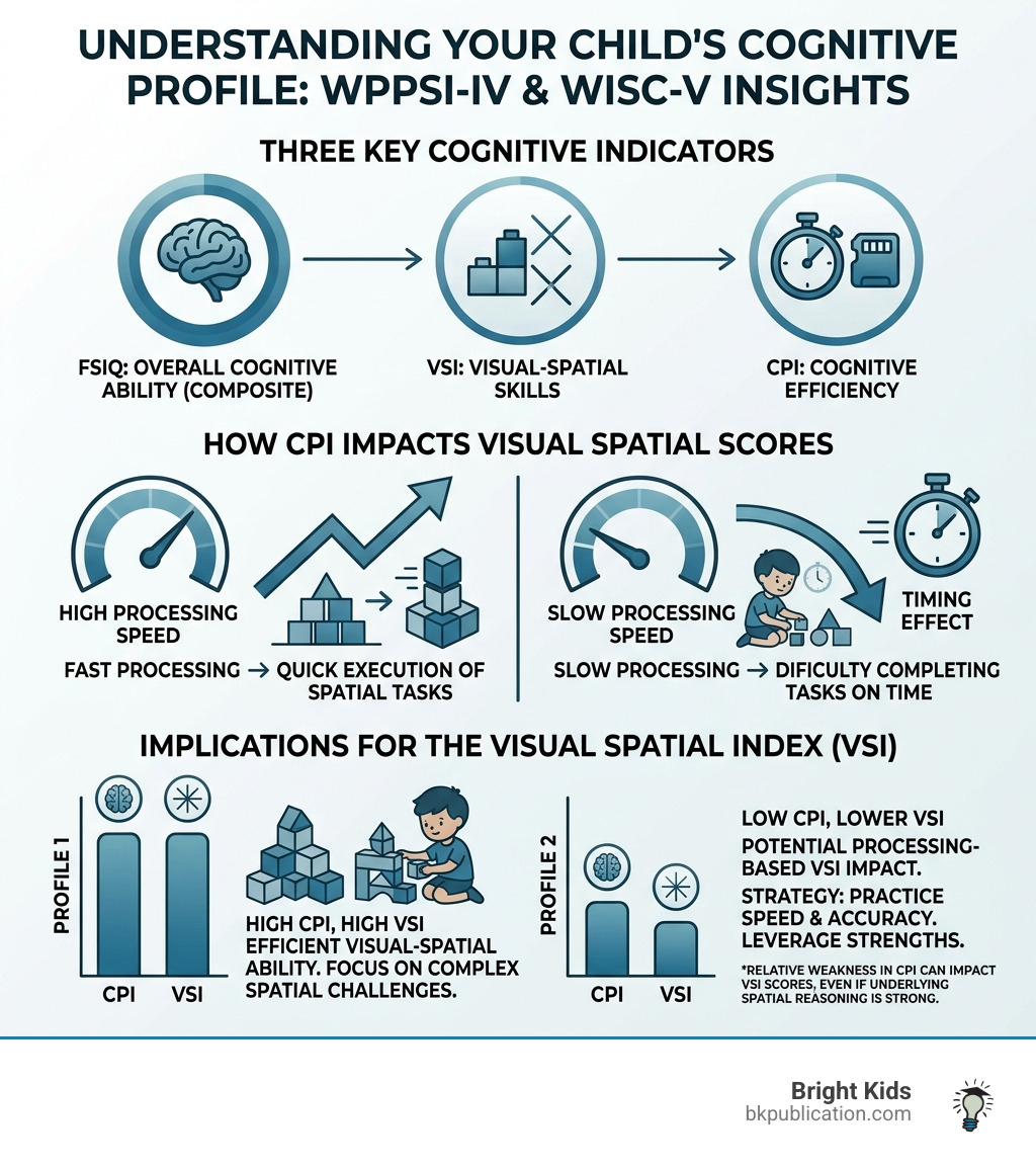 Infographic comparing FSIQ, VSI, and CPI, showing how processing speed can impact spatial scores - wppsi spatial skills