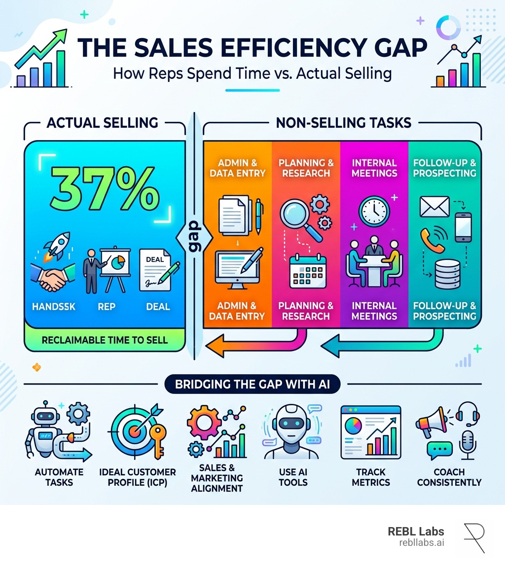 Sales efficiency gap infographic showing how reps spend time vs. actual selling - improve sales efficiency infographic 