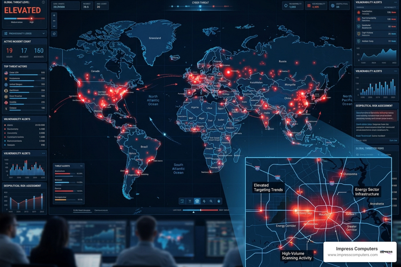 Map showing global cyber threat density and local Houston-area targeting trends - katy ai security services Map showing global cyber threat density and local Houston-area targeting trends - katy ai security services