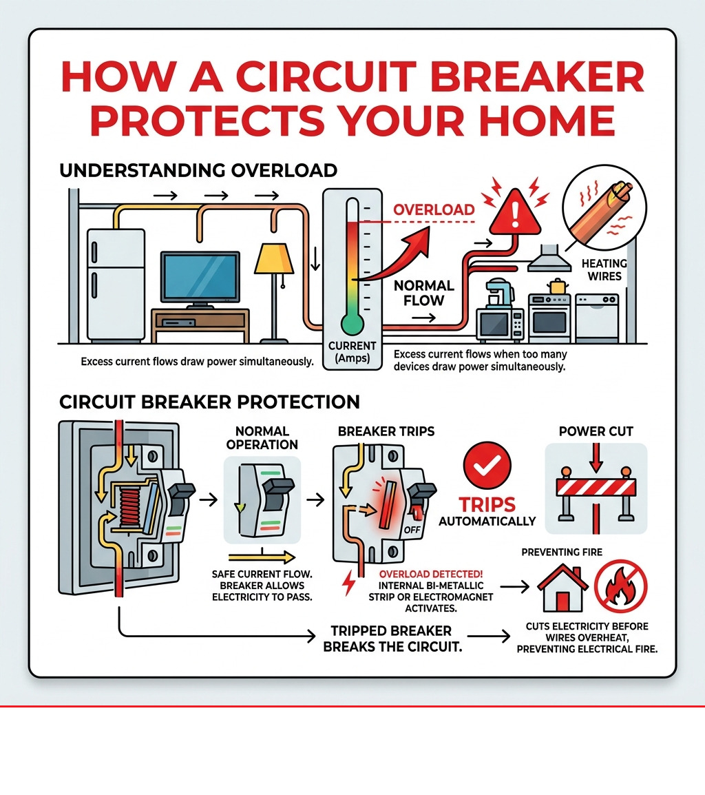 infographic showing how a circuit breaker protects a home from overload and fire - changing breaker in breaker box infographic showing how a circuit breaker protects a home from overload and fire - changing breaker in breaker box