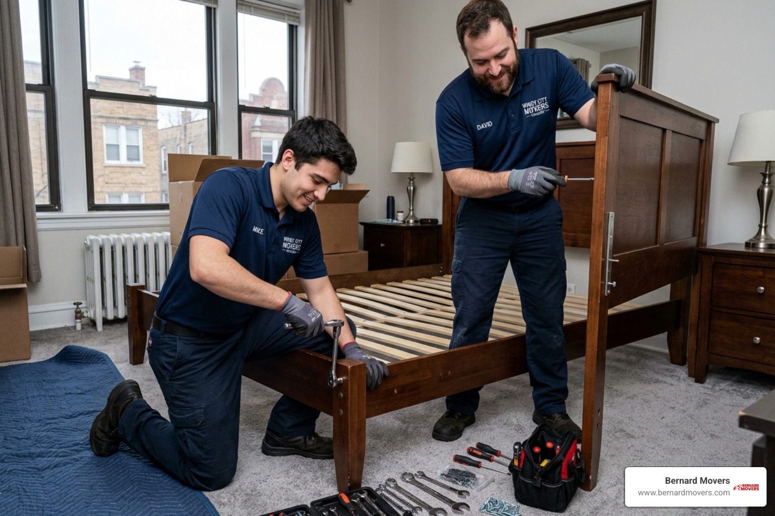 movers using tools to take apart a bed frame - do movers take apart furniture