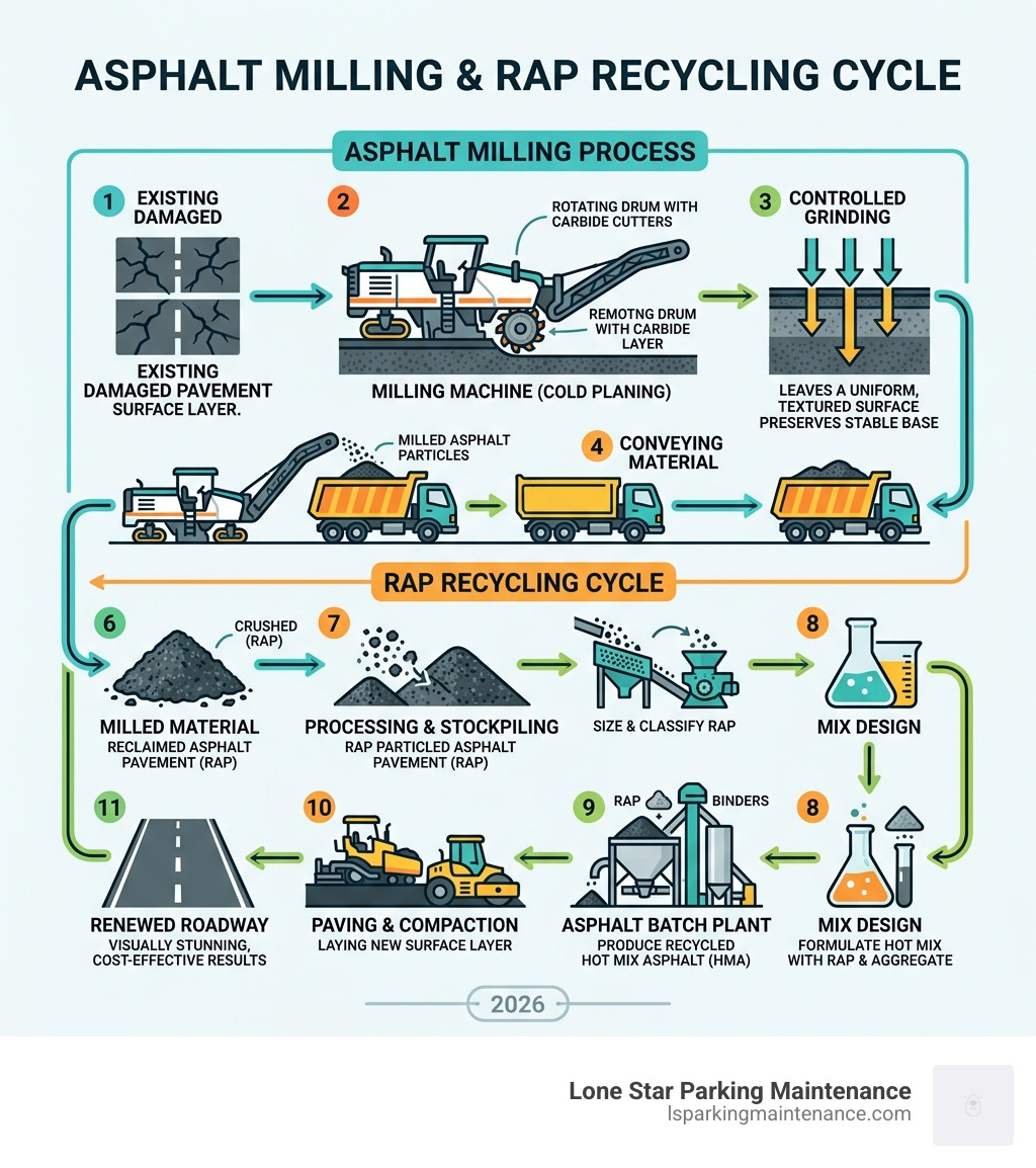 Asphalt milling process and RAP recycling cycle infographic - asphalt milling services Texas infographic 