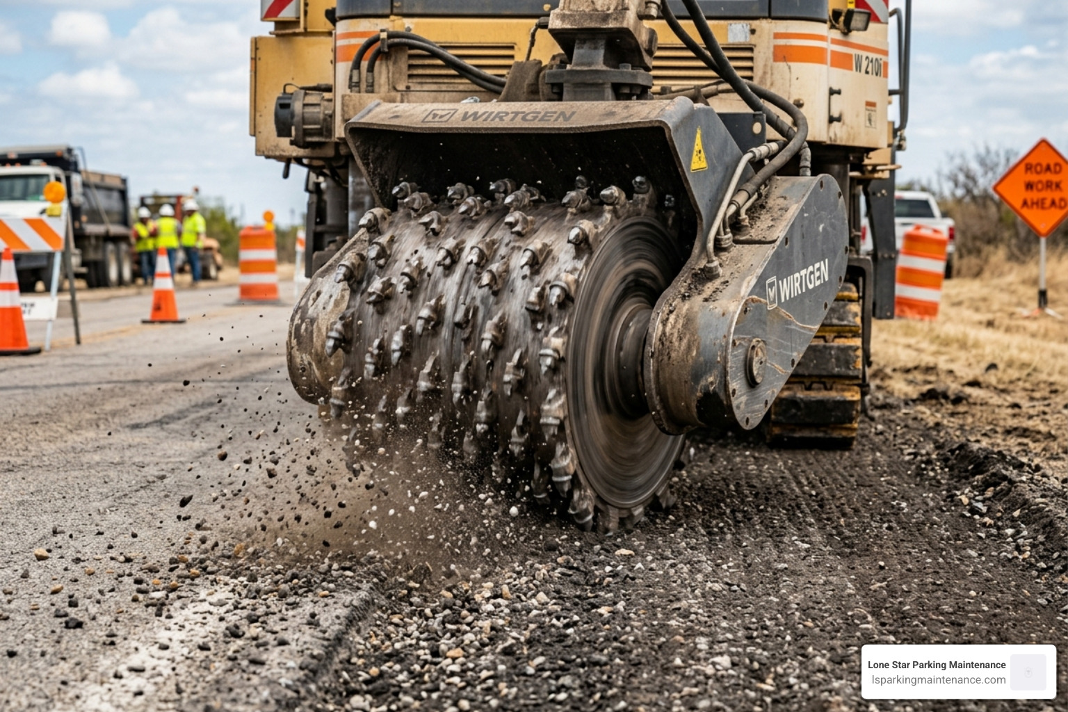 Carbide cutters on a milling drum grinding asphalt surface - asphalt milling services Texas