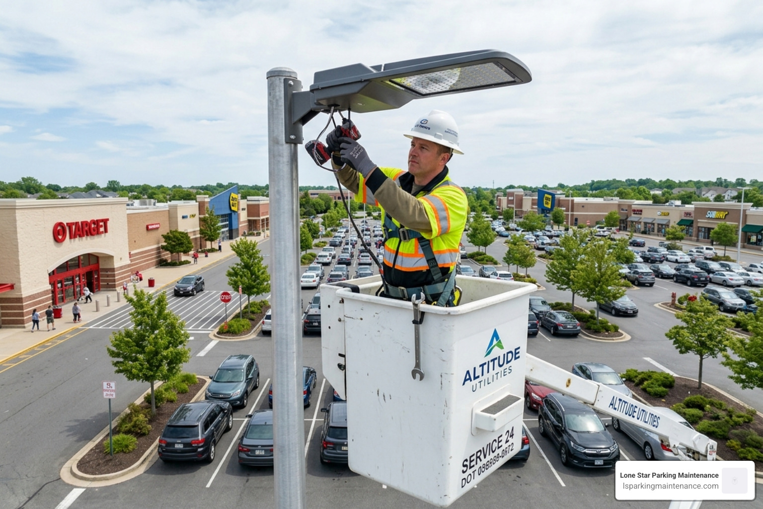Technician installing a modern LED parking lot fixture on a light pole - LED upgrades parking lots Technician installing a modern LED parking lot fixture on a light pole - LED upgrades parking lots