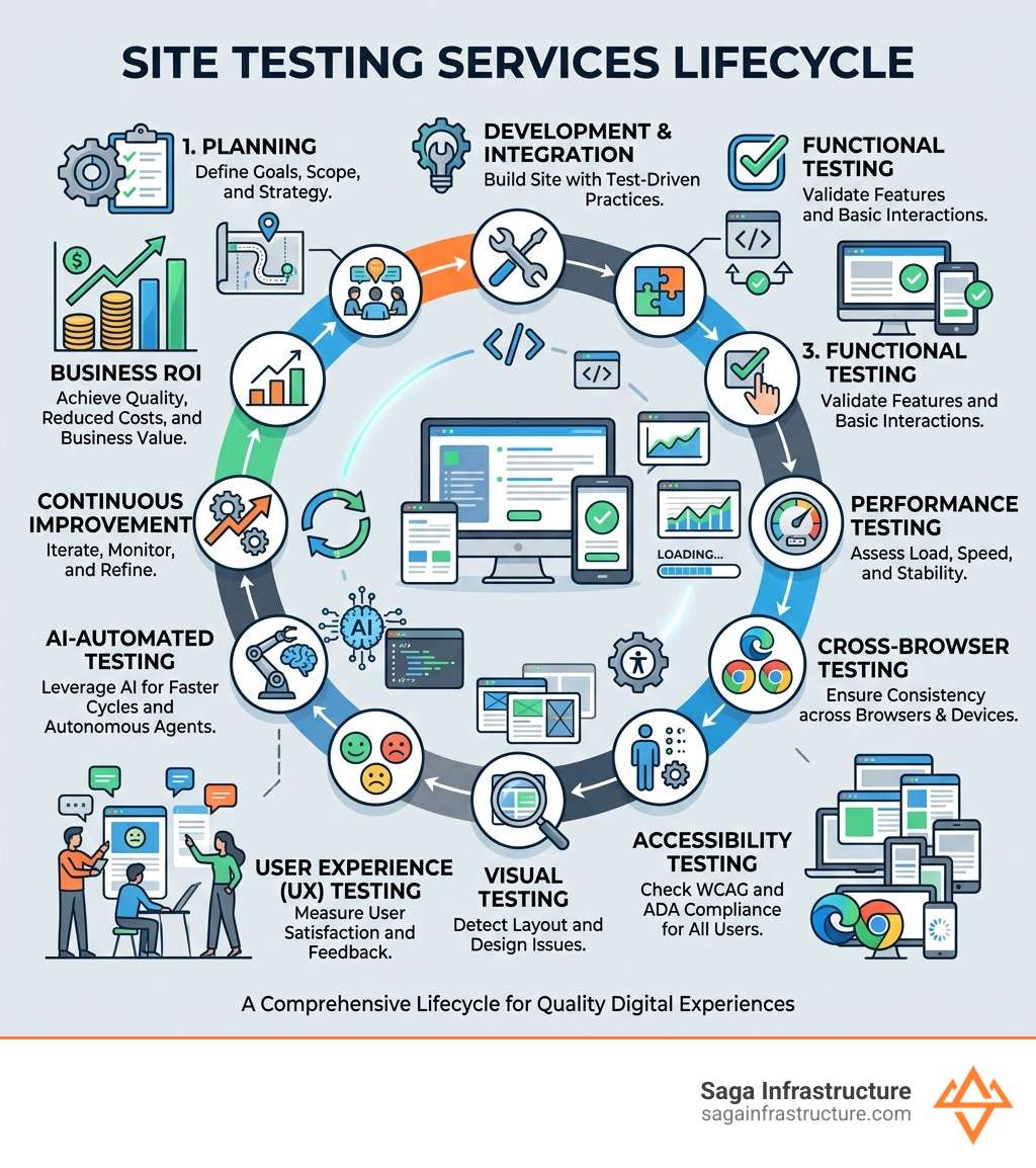 Site testing services lifecycle: from planning and functional testing to accessibility, AI automation, and ROI - site
