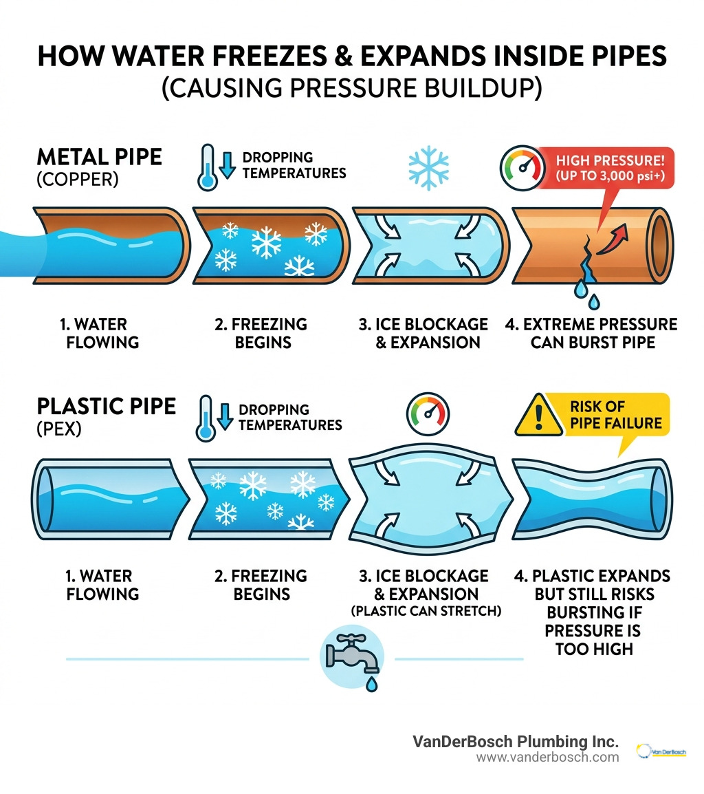 Infographic showing how water freezes and expands inside metal and plastic pipes, causing pressure buildup - frozen pipe Infographic showing how water freezes and expands inside metal and plastic pipes, causing pressure buildup - frozen pipe