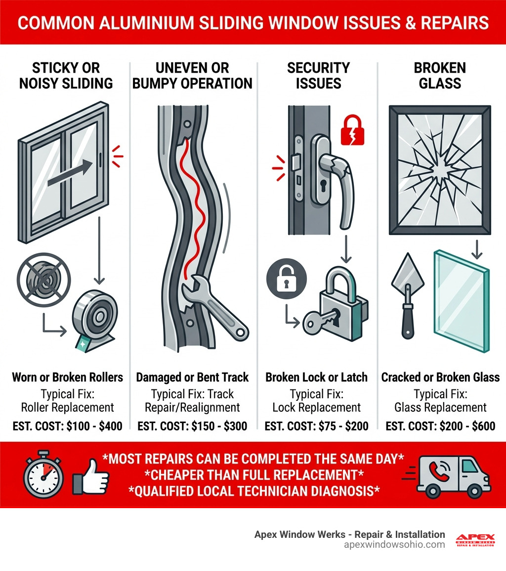 Common aluminium sliding window problems, repair options, and estimated costs infographic - aluminium sliding window repair