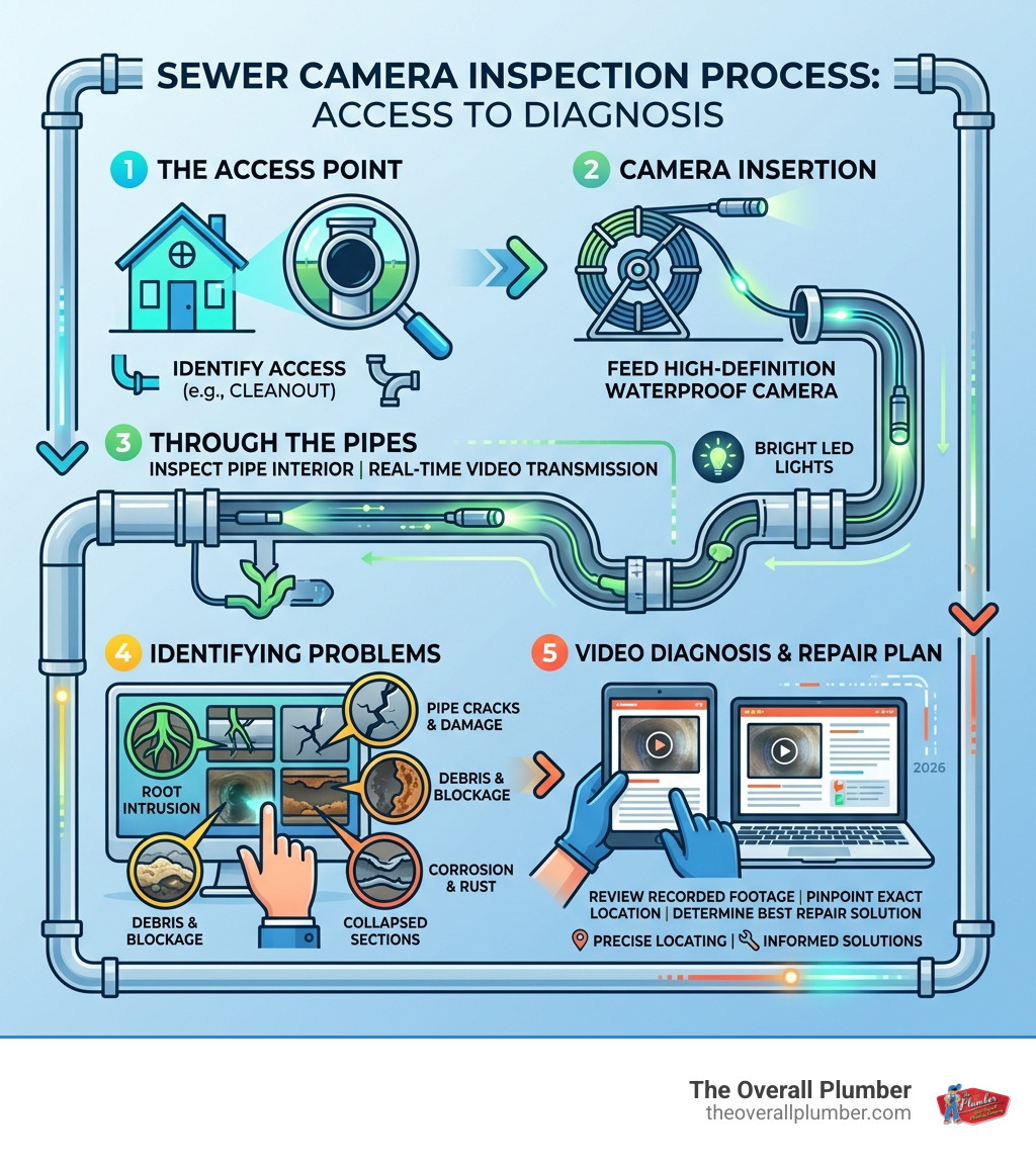 Infographic showing the sewer camera inspection process from access point to video diagnosis - drain camera inspection