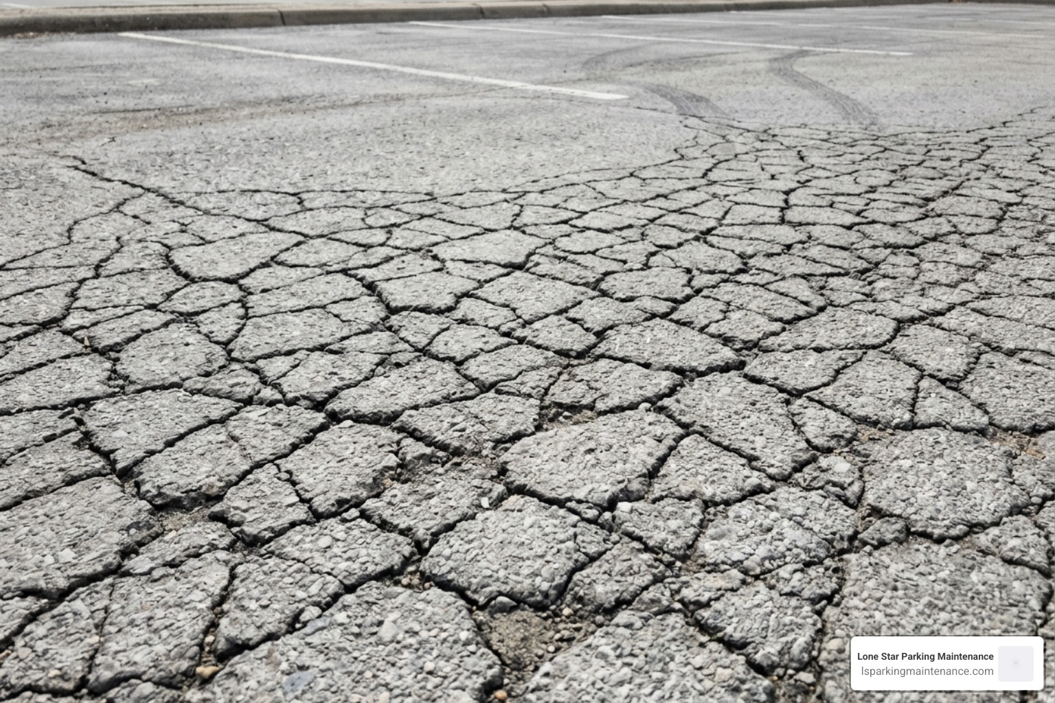 Close-up of severe alligator cracking and gray, oxidized asphalt surface - resurfacing asphalt parking lots Close-up of severe alligator cracking and gray, oxidized asphalt surface - resurfacing asphalt parking lots