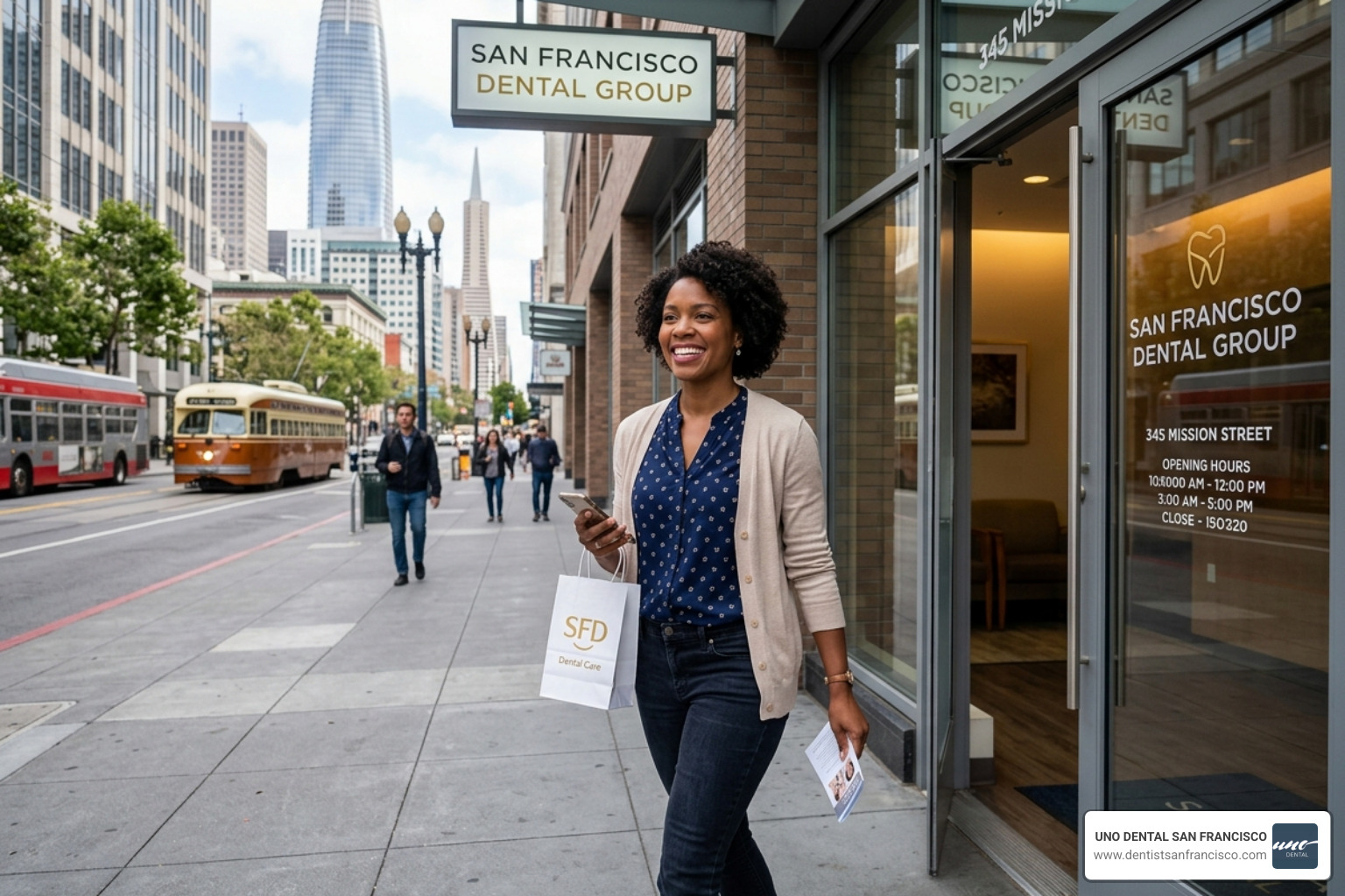 smiling patient leaving a dental office with confidence - dentist appointment today smiling patient leaving a dental office with confidence - dentist appointment today