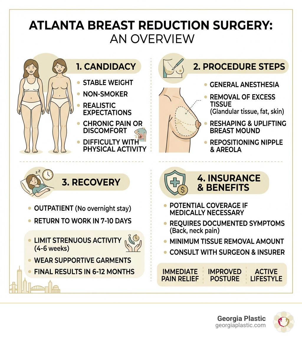 Overview infographic of atlanta breast reduction surgery: candidacy, procedure steps, recovery, and insurance - atlanta