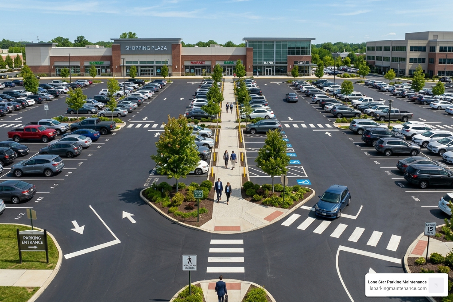 ADA compliant parking stall with blue markings and access aisle - commercial parking lot design ADA compliant parking stall with blue markings and access aisle - commercial parking lot design