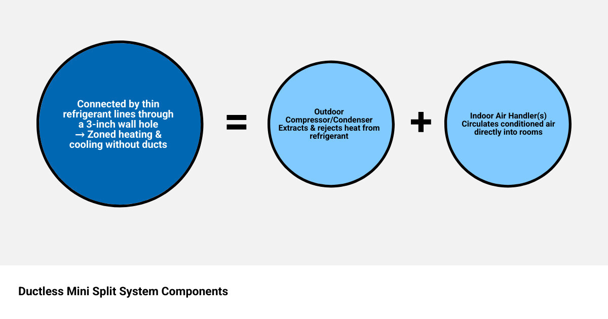 Infographic showing main components of a ductless mini split system including outdoor compressor, indoor air handler, and