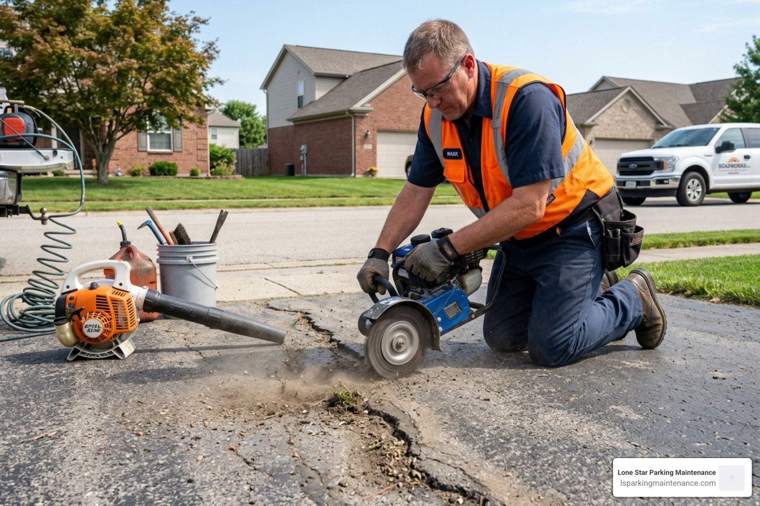 Technician cleaning a driveway crack with professional equipment - driveway crack filling Technician cleaning a driveway crack with professional equipment - driveway crack filling
