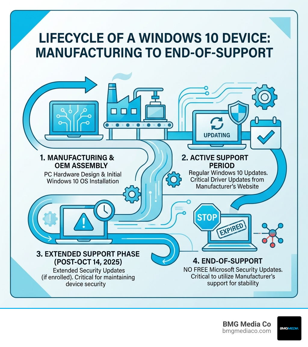 Lifecycle of a Windows 10 device from manufacturing to end-of-support infographic - manufacturers website windows 10