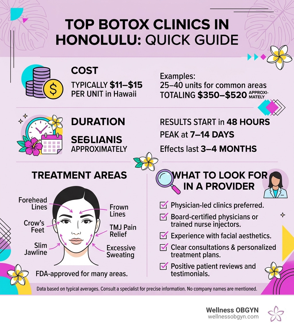 Top Botox clinics in Honolulu - quick guide infographic showing cost, duration, treatment areas, and what to look for in a Top Botox clinics in Honolulu - quick guide infographic showing cost, duration, treatment areas, and what to look for in a