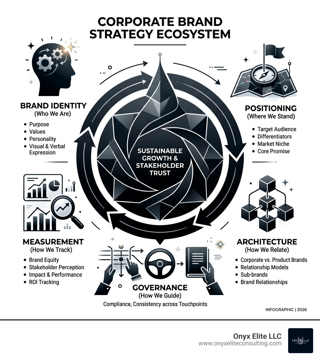 Corporate brand strategy ecosystem infographic: identity, positioning, architecture, governance, measurement - corporate Corporate brand strategy ecosystem infographic: identity, positioning, architecture, governance, measurement - corporate
