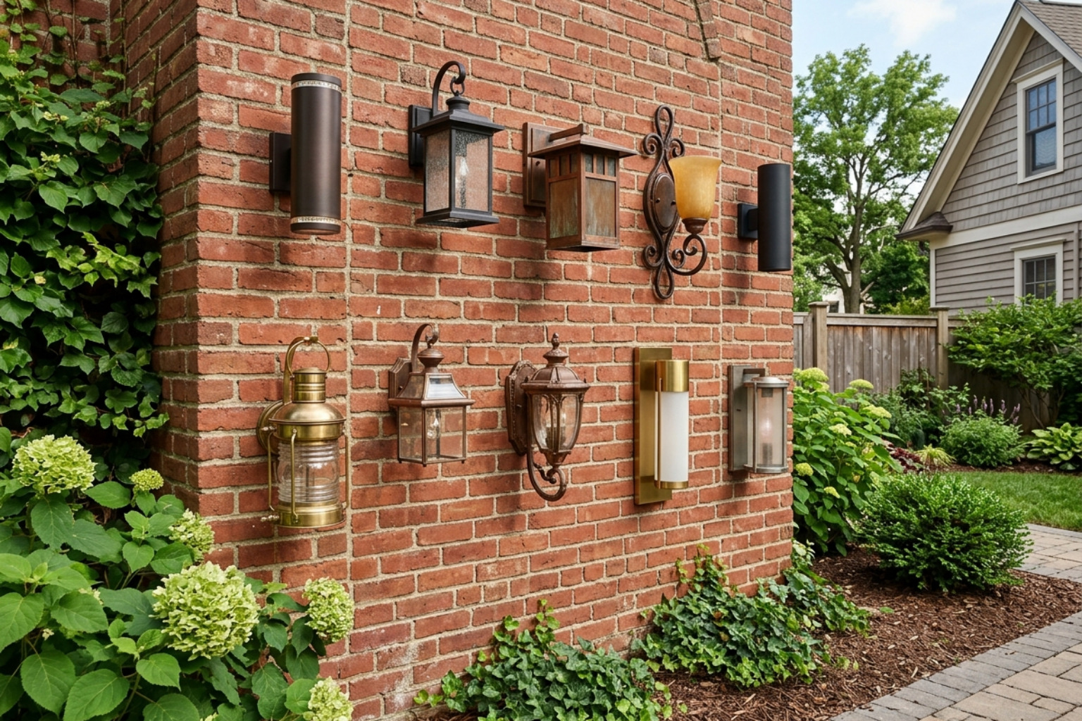 Various wall sconces mounted on a brick exterior showing different styles and finishes - installing outdoor light on brick Various wall sconces mounted on a brick exterior showing different styles and finishes - installing outdoor light on brick