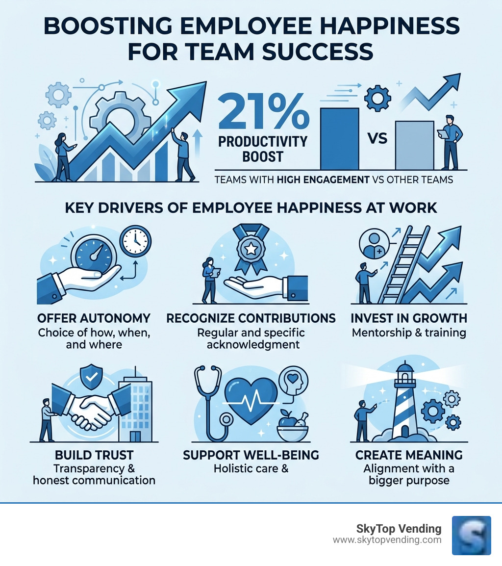 infographic showing 21% productivity boost and key drivers of employee happiness at work - boost employee happiness