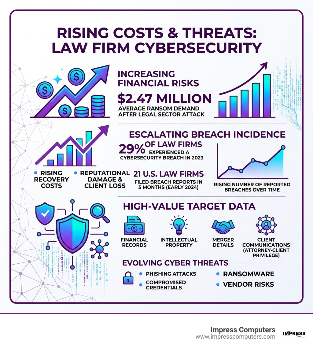 Infographic showing rising costs and key statistics of law firm data breaches and cybersecurity threats - law firm Infographic showing rising costs and key statistics of law firm data breaches and cybersecurity threats - law firm