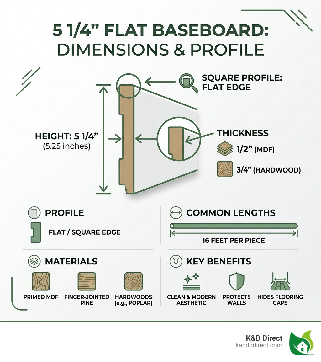 Infographic showing dimensions and profile of a 5 1 4 flat baseboard - 5 1 4 flat baseboard infographic Infographic showing dimensions and profile of a 5 1 4 flat baseboard - 5 1 4 flat baseboard infographic